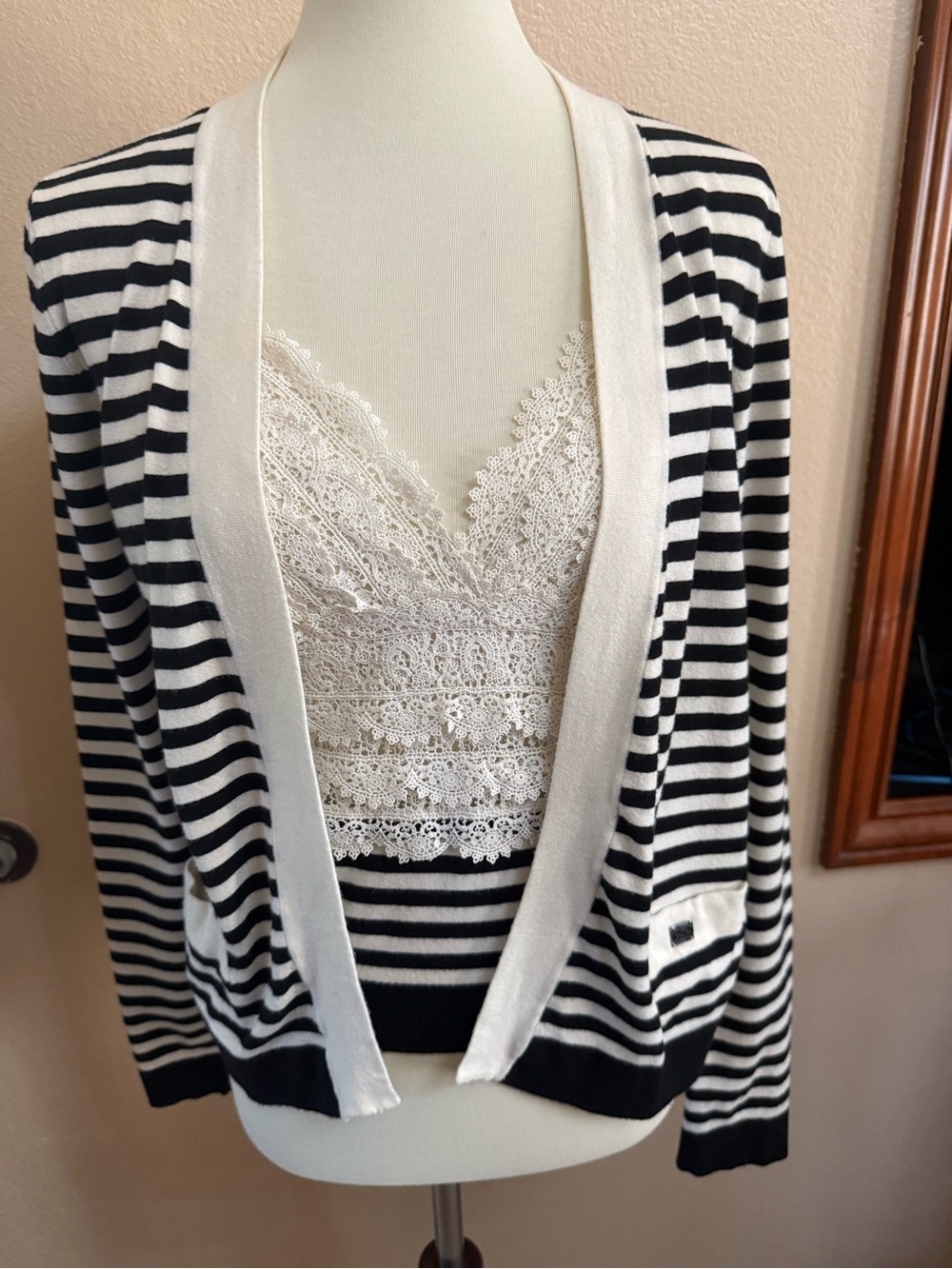 CHANEL Black & White Striped Open- Cardigan with Ivory Trimmed Matching Camisole